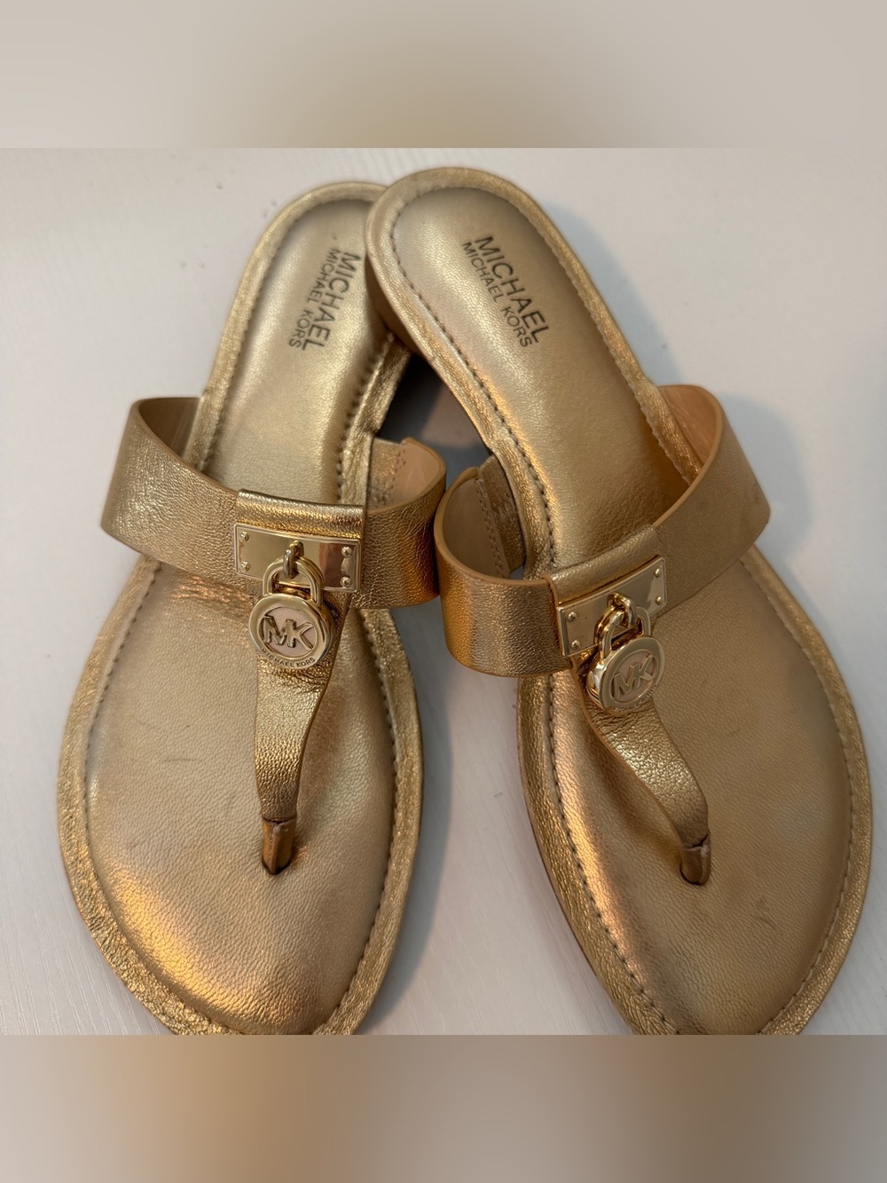 Michael Kors Metallic Gold Logo Thong Sandals - Picture 2 of 4